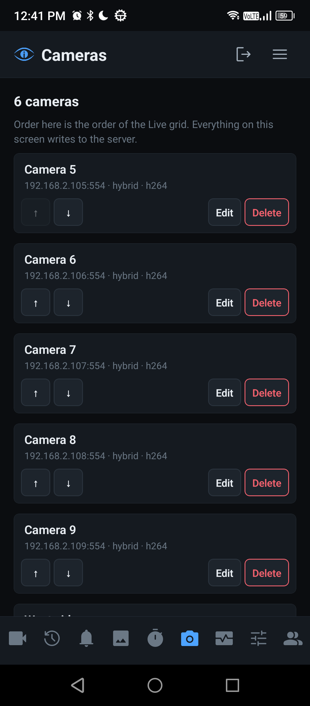 The camera list, with each camera’s name and address