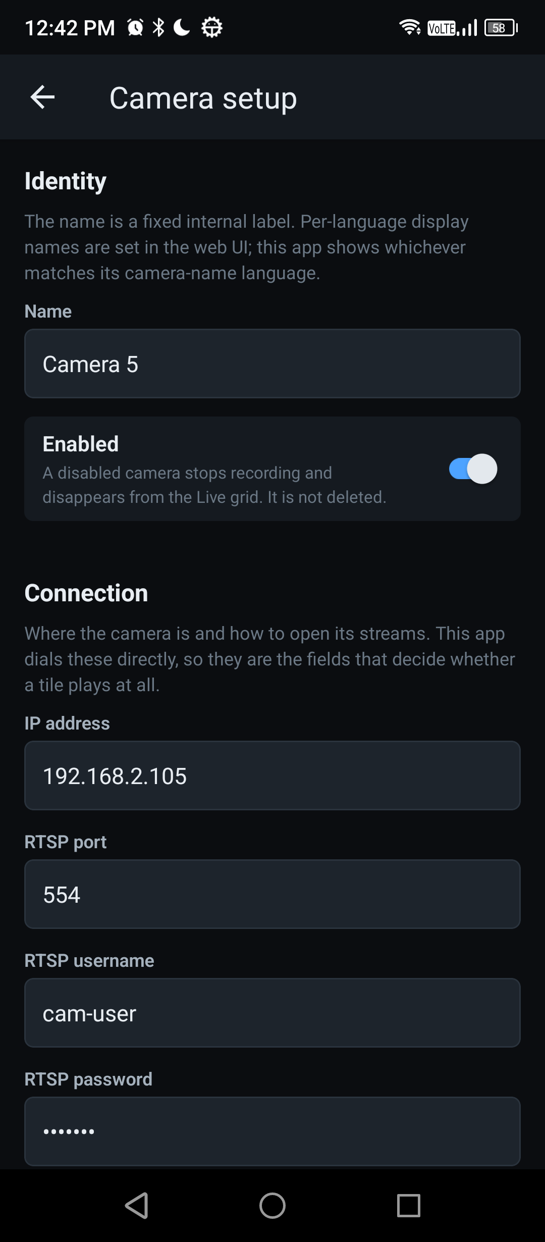 One camera’s settings: address, RTSP port, credentials and the two stream paths